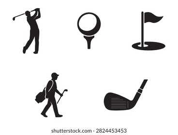 This professional vector collection features a set of black golf silhouettes and icons, including a player swinging a club, a golf ball on a tee, a flag in the hole, a walking golfer carrying a bag, and a close-up of a golf club head. Isolated on a crisp white background, these versatile designs are perfect for sports graphics, tournament branding, club signage, and athletic promotional projects.

#GolfSilhouettes #GolfGraphics #GolfPlayer #GolfCourse #GolfEquipment #GolfTournament #AthleticDesign #TeamSports #GolfVector #GameDay