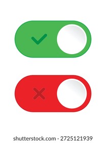 Diese professionelle Vektorgrafik verfügt über ein Paar minimalistischer Umschalter für die Benutzeroberfläche, die sich ideal für moderne mobile Apps und Webdesigns eignen. Das Set enthält einen grünen "ON"-Schalter mit einem Häkchensymbol und einen roten "OFF"-Schalter mit einem Kreuz (X)-Symbol, die beide kontrastreiche pillenförmige Schieberegler verwenden, um den Systemstatus klar zu kommunizieren. Diese sauberen, kreisförmigen Knopfelemente eignen sich perfekt für Einstellungsmenüs, bevorzugte Dashboards und interaktive Softwareschnittstellen.