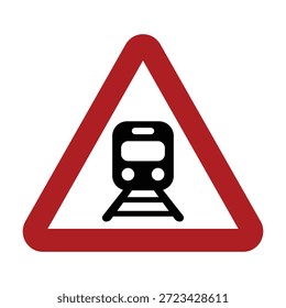 This professional vector graphic is a minimalist railway safety warning symbol. The design features a bold red equilateral triangle framing a solid black silhouette of a locomotive front view on tracks. This clean, high-contrast icon is ideal for transportation safety applications, railway crossing signage design, public transit hazard alerts, and industrial infrastructure safety documentation.