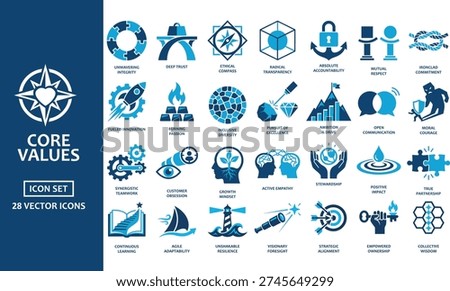 This professional vector icon collection illustrates essential corporate core values like integrity, innovation, and teamwork. Ideal for human resources departments, business presentations, and company culture branding, these minimal blue graphics provide a cohesive visual language for mission statements and employee handbooks.