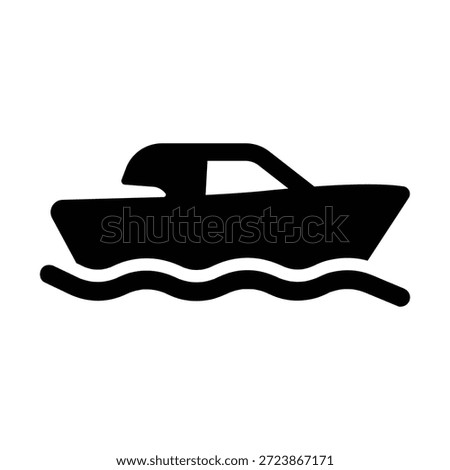 This professional vector icon represents a modern motorboat or powerboat, designed for clear and intuitive maritime and recreational communication. The graphic features a solid black minimalist silhouette of a sleek cabin cruiser positioned above stylized ocean waves. This versatile asset is ideal for harbor management mobile apps, coastal tourism marketing, marine rental services, and nautical leisure interfaces.