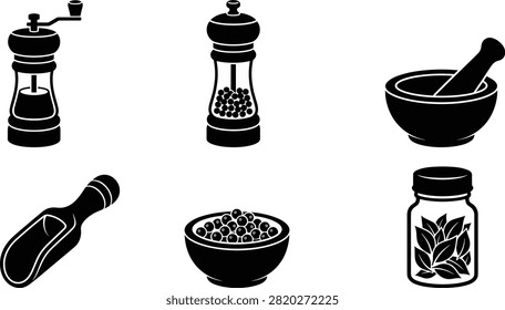 This professional vector icon set features spices, seasoning tools, grinders, and herb containers. It is ideal for culinary projects, recipe blogs, and restaurant kitchen branding.