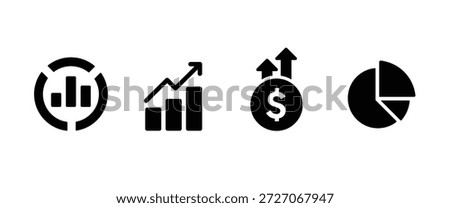 This professional vector icon set features four distinct data visualization silhouettes designed in a clean, solid black style for minimalist corporate reporting. The collection includes a circular gauge with bar chart elements, a rising bar graph with a growth arrow, a financial dollar coin symbol with upward momentum arrows, and a multi-segment pie chart. These high-contrast assets are ideal for monochromatic app interfaces, technical dashboards, executive summaries, and presentation slides focused on performance metrics.