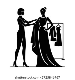 Diese professionelle Vektorgrafik zeigt einen Mode-Stylisten oder Designer, der ein luxuriöses, bodenlanges Kleid akribisch auf ein Modell passt