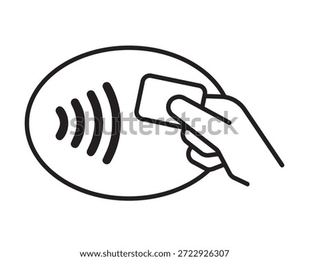 This professional vector illustration depicts a contactless payment transaction using a minimalist, thick-line style. The graphic features a human hand tapping a payment card against a terminal sensor, indicated by universal wireless signal waves within an oval frame. This clean black-and-white design is ideal for point-of-sale (POS) instructions, e-commerce checkout guides, banking app interfaces, and retail payment signage.