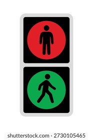 This professional vector illustration features a standard two-light vertical pedestrian signal. The icon displays a red circular light with a standing human silhouette indicating 