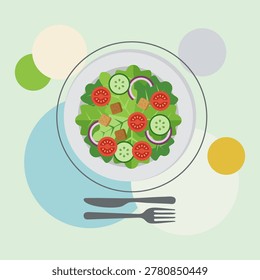 This professional vector illustration features a vibrant healthy salad bowl filled with fresh lettuce, sliced tomatoes, cucumbers, red onions, and crispy croutons. The design is crafted in a clean, modern flat 2D style, complete with a minimalist fork and knife set on a soft pastel background. Perfect for health-themed web designs, nutritious meal planning apps, or restaurant menu graphics, this versatile composition offers a fresh and appetizing look for any digital or print project.