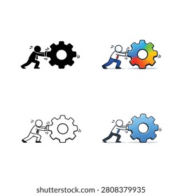 This professional vector illustration features a business worker pushing a large gear symbol, representing workflow optimization, process management, system configuration, automation, engineering, and operational efficiency. The image includes multiple icon styles, including black silhouette, colorful gradient, outline, and blue flat design, making it ideal for business presentations, websites, mobile applications, 
 projects, corporate branding, productivity concepts, and technology-related marketing materials. Perfect for conveying themes of teamwork, innovation, maintenance, and continuous process improvement.
