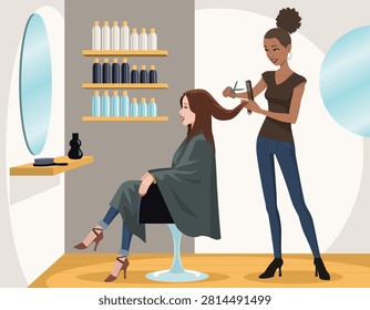 This professional vector illustration features a hairdresser providing a haircut service to a female client inside a modern beauty salon environment. The artwork represents hair care, hairstyling, beauty services, personal grooming, and professional salon experiences. Created in a clean flat cartoon style, this design is ideal for beauty businesses, hair salons, fashion projects, advertising campaigns, websites, and commercial marketing materials.

The illustration shows a stylist carefully cutting and styling a customer’s hair while the client sits comfortably in a parlor chair. This scene represents the personalized service and professional expertise provided by hairbreadth care specialists. Hairbreadth salons are not only places for grooming but also spaces where people express their personality, confidence, and individual style.

The hairdresser character represents creativity, skill, and professional beauty services. Hairstylists use technical knowledge and artistic ability to create hairstyles that match customer preferences and lifestyle needs. The illustration communicates the importance of craftsmanship and attention to detail in the attractiveness industry.

The client sitting in the salon chair represents the customer experience. Visiting a hairbreadth salon is often associated with relaxation, transformation, and self-care. The interaction between stylist and customer highlights trust, communication, and personalized comeliness solutions.

The parlor background with shelves of hairline products adds realism and context to the scene. Bottles, comeliness products, and skilled equipment represent the wide range of services offered in modern salons, including haircuts, styling, coloring, treatments, and hairline care solutions.

This vector illustration is ideal for hairline parlor branding and marketing. Attractiveness businesses often require attractive visuals to promote their services and communicate professionalism.