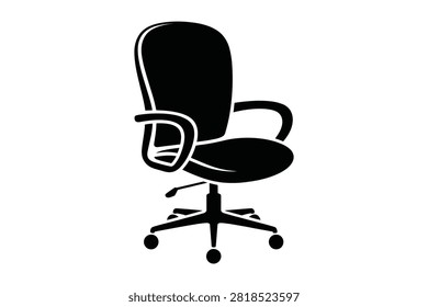 This professional vector illustration features a solid black silhouette of a standard ergonomic office chair with a swivel base and armrests designed for a modern workspace setting on a clean white background