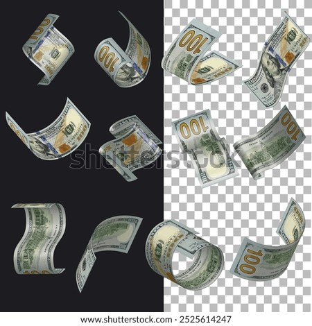 This professional vector illustration features dynamic, falling 100-dollar bills set against a split background of solid black and a transparent PNG grid. The US currency is rendered with realistic 3D effects, showcasing various curls, twists, and folds that simulate a 
