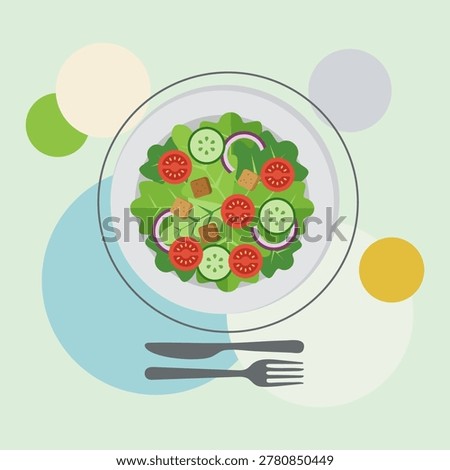 This professional vector illustration features a vibrant healthy salad bowl filled with fresh lettuce, sliced tomatoes, cucumbers, red onions, and crispy croutons. The design is crafted in a clean, modern flat 2D style, complete with a minimalist fork and knife set on a soft pastel background. Perfect for health-themed web designs, nutritious meal planning apps, or restaurant menu graphics, this versatile composition offers a fresh and appetizing look for any digital or print project.