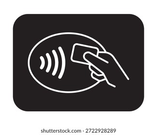 Esta Ilustración vectorial profesional proporciona una guía visual clara para las transacciones de pago sin contacto. El diseño presenta un dibujo de línea minimalista blanco de una mano que golpea una tarjeta de pago contra un sensor de señal, encerrado dentro de un marco ovalado sobre un fondo negro de alto contraste. Este gráfico es ideal para pantallas de terminales de punto de venta (POS), señalización de Completar compra minoristas e interfaces de aplicaciones bancarias para indicar la funcionalidad de "toque para pagar".