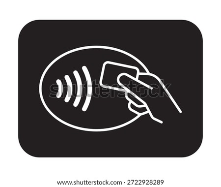 This professional vector illustration provides a clear visual guide for contactless payment transactions. The design features a white minimalist line drawing of a hand tapping a payment card against a signal sensor, enclosed within an oval frame on a high-contrast black background. This graphic is ideal for point-of-sale (POS) terminal displays, retail checkout signage, and banking application interfaces to indicate "tap to pay" functionality.