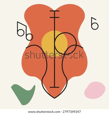 This professional vector illustration showcases a stylized acoustic guitar using abstract organic shapes and clean lines. Set against a neutral background, the design incorporates musical notes, a warm color palette of terracotta and yellow, and minimalist geometric elements. Perfect for contemporary music posters, jazz festival branding, or modern interior decor.