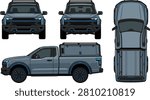 This professional vector illustration shows a modern electric utility truck with a canopy from multiple technical perspectives. It is ideal for automotive branding, vehicle wrap templates, and commercial transportation design projects.
