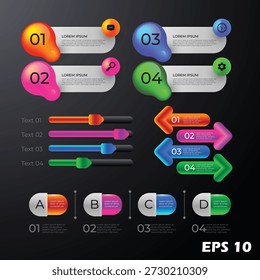Esta coleção de infográficos vetor profissional apresenta quatro conjuntos de design distintos para visualização abrangente de dados de negócios, todos apresentados em um fundo cinza escuro premium. O conjunto superior inclui quatro nós "líquidos" vibrantes e brilhantes numerados de 01 a 04 em laranja, rosa, azul e verde, cada um emparelhado com um bloco de texto e um ícone estratégico. A seção da parte central esquerda apresenta quatro controles deslizantes de porcentagem elegante com ponteiros 3D. A seção do meio à direita mostra um fluxo de processo de seta 3D alternada de 4 etapas. O conjunto inferior utiliza quatro modernos "cápsulas" ou banners em forma de pílula rotulados A a D, emparelhados com descrições numeradas "Lorem Ipsum". Esta coleção versátil e visualmente impressionante é ideal para planos de estratégia corporativa, relatórios de desempenho de marketing e instruções de projeto de alto impacto. Fornecido em formato vetorial de alta qualidade para escalabilidade total e fácil personalização.