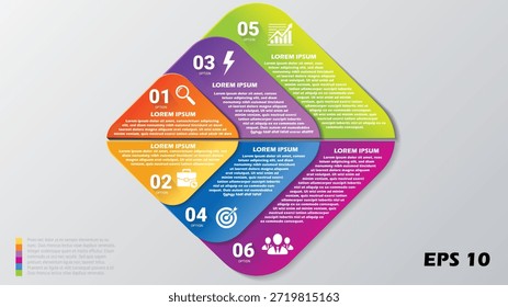 Esta infografía de Vector profesional presenta un diseño moderno en forma de diamante dividido en seis segmentos entrelazados codificados por colores. Cada sección numerada (01–06) se presenta en una paleta vibrante de naranja, amarillo, púrpura, azul, verde lima y magenta, y se combina con iconos blancos de alta calidad que representan funciones comerciales clave: una lupa para la investigación, un maletín para la gestión, un rayo para la innovación, un objetivo para los objetivos, una tabla de crecimiento para los resultados y un icono de grupo para el trabajo en equipo. Los Grandes marcadores de posición de texto para los encabezados y descripciones de "LOREM IPSUM" se incluyen dentro de cada segmento, lo que lo convierte en una opción ideal para presentaciones de estrategia corporativa, hitos del proyecto e informes de marketing. Proporcionado en formato EPS 10, este diseño limpio y técnico es totalmente escalable y editable para uso profesional en plataformas de diapositivas digitales o materiales de negocios impresos.
