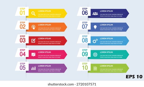 This professional vector infographic features a clean, 10-step horizontal process list organized into two columns. Each step is presented as a colorful arrow banner with a corresponding white numbered 