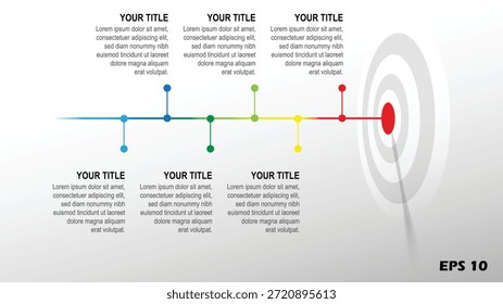 Esta infografía de Vector profesional presenta una línea de tiempo limpia y Horizontal que representa un proceso comercial de 6 pasos que conduce hacia un objetivo central. El diseño muestra una delgada línea de progreso multicolor que transita a través de un vibrante espectro de azul celeste, verde azulado, verde bosque, lima, amarillo brillante y rojo intenso. Seis hitos distintos están marcados a lo largo del camino con nodos circulares coloridos, cada uno ramificado a un encabezado dedicado "TU TÍTULO" y un marcador de posición de texto "Lorem Ipsum". El proceso culmina en un Grande ícono de destino estilizado a la derecha, que simboliza el logro final u objetivo del proyecto. Con un moderno fondo de gradiente gris, este diseño organizado es ideal para presentaciones de estrategia corporativa, hojas de ruta de proyectos y seguimiento de hitos de marketing. Proporcionados en formato de Vector de alta calidad, todos los Elementos, colores y áreas de texto son totalmente escalables y personalizables para cualquier marca profesional.