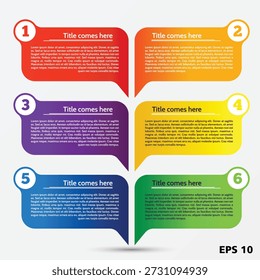 Esta infografía de Vector profesional presenta un diseño de proceso de Vertical organizado de 6 pasos diseñado para la visualización de datos comerciales de alto impacto. El diseño consta de dos columnas de coloridos Anuncios redondeados de burbujas de discurso emparejados con Grandes nodos circulares numerados (1-6). La paleta de colores vibrantes cambia a través de rojo intenso (1), naranja brillante (2), púrpura real (3), amarillo dorado (4), azul profundo (5) y verde lima (6). Cada burbuja de discurso incluye un encabezado prominente "El título viene aquí" y extensos marcadores de posición de texto "Lorem Ipsum" para descripciones detalladas de proyectos, hitos estratégicos o datos de flujo de trabajo corporativo. Esta Plantilla limpia y moderna es ideal para mazos de estrategia profesional, informes de marketing y reuniones informativas de negocios. Proporcionado en formato EPS 10 de alta calidad para una escalabilidad completa y una fácil personalización.