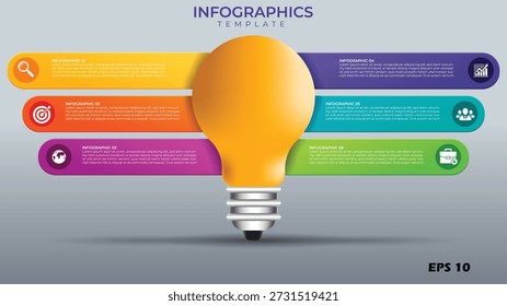 Esta infografía de Vector profesional presenta un diseño innovador de 6 pasos de alto impacto diseñado en torno a una Grande bombilla central brillante. El diseño está organizado en seis Anuncios Horizontales redondeados que se extienden desde la bombilla central, con una paleta de colores vibrantes: amarillo dorado, rojo brillante, magenta profundo, púrpura real, verde azulado y verde lima. Cada Anuncio, con la etiqueta "INFOGRAPHIC 01-06", se combina con un ícono de negocios blanco específico, que incluye una lupa para la investigación, un objetivo para los objetivos, un globo para el alcance, un gráfico de barras ascendente para el crecimiento, un equipo de usuarios para la colaboración y un maletín para la gestión profesional. Cada etapa incluye marcadores de posición de texto "Lorem Ipsum" dedicados para descripciones detalladas del proyecto e hitos estratégicos. Esta Plantilla limpia y moderna es ideal para presentaciones de startups, sesiones de lluvia de ideas corporativas y sesiones informativas de estrategia de marketing. Proporcionado en formato EPS 10 de alta calidad para una escalabilidad completa.