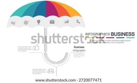This professional vector infographic features a large, colorful umbrella canopy representing a "Business Infographic" concept of protection and comprehensive strategy. The umbrella top is divided into six vibrant, color-coded segments: teal, dark teal, navy, magenta, red, and yellow. Each segment contains a specific business icon: mechanical gears for operations, a target for goals, a lightbulb for innovation, a briefcase for management, a bar chart for growth, and a hand holding a dollar coin for finance. Below the canopy, the handle transitions into a clean flowchart with three dedicated "Lorem Ipsum" text areas for detailed descriptions. These sections are paired with additional icons including a thumbs-up for approval and a group silhouette for teamwork. This organized and versatile template is ideal for visualizing risk management, corporate security, and multi-faceted marketing plans in a visually engaging way. Provided in high-resolution vector format for full scalability and easy customization.