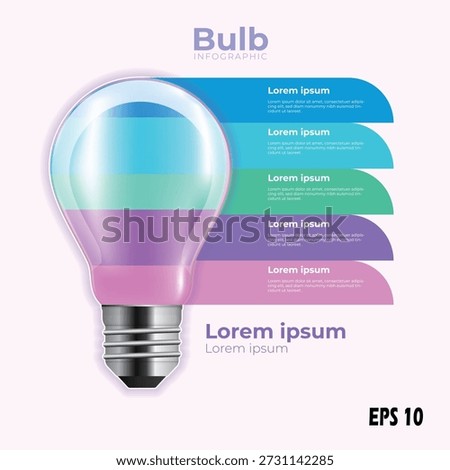 This professional vector infographic features an inspiring 5-step process layout designed within a large, glowing lightbulb to visualize ideas and innovation. The central glass bulb is divided into five vibrant, horizontal color layers that align perfectly with five rounded rectangular text banners on the right. The modern color palette transitions from the top down through sky blue, bright cyan, seafoam teal, royal purple, and soft pink. Titled "Bulb INFOGRAPHIC," each section includes dedicated "Lorem ipsum" headings and text placeholders for detailed project descriptions, strategic milestones, or creative brainstorming data. The design is completed with a realistic metallic screw base and a subtle glowing aura, making it ideal for startup pitches, corporate strategy decks, and high-impact marketing briefings. Provided in high-quality vector format for full scalability.