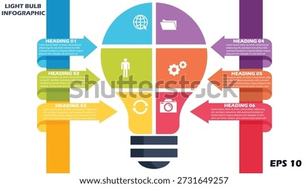 This professional vector infographic features a "LIGHT BULB INFOGRAPHIC" designed with a clean, flat-design aesthetic. The central focus is a large lightbulb divided into six distinct, color-coded sections (blue, purple, lime green, orange, yellow, and red). Each section contains a white icon—globe, folder, user, gears, refresh, and camera—representing different business modules. Six large directional arrows extend outward to "HEADING 01-06" text blocks, providing extensive "Lorem Ipsum" space for detailed strategic planning or project data. This versatile and balanced template is ideal for multi-faceted corporate strategy decks, marketing analysis, and team workflow presentations.