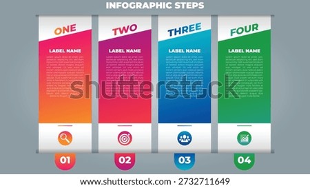This professional vector infographic features a clean and organized 4-step vertical process layout titled "INFOGRAPHIC STEPS". The design is structured as four distinct vertical banners, each topped with a slanted gradient header in vibrant pink-to-orange, purple-to-magenta, blue-to-cyan, and emerald green. Steps are clearly labeled "ONE" through "FOUR" and paired with matching numbered circular tags (01-04) at the bottom. Each banner includes a professional white icon representing research (magnifying glass), goals (target), human resources (group of users), and performance (bar chart). With clear "LABEL NAME" headings and extensive "Lorem ipsum" text placeholders, this balanced template is ideal for corporate strategy briefings, project roadmaps, and marketing service descriptions.