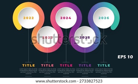 This professional vector infographic features a clean and modern 5-year business timeline layout titled for the years 2022 through 2026. The design is centered around an elegant infinity-style sinuous path that weaves through five circular, white 3D nodes. The path utilizes a vibrant gradient color palette, transitioning from sunset yellow and orange to deep magenta, royal purple, and ending in a bright seafoam teal. Below each annual node is a dedicated section with a "TITLE" heading and detailed "Lorem ipsum" text placeholders for strategic descriptions and project milestones. Set against a high-contrast dark navy background, this sophisticated template is ideal for corporate annual reports, long-term project roadmaps, and strategic marketing plans.