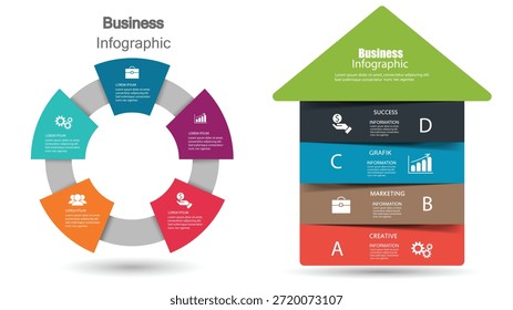 Dieses professionelle Vektorgrafik-Set bietet zwei verschiedene Designstile für die Visualisierung von Geschäftsdaten. Das linke Diagramm zeigt einen sauberen, 5-stufigen Kreisprozess mit lebhaften Segmenten in Teal, Blau, Lila, Rot und Orange, jeweils gepaart mit strategischen Symbolen wie Zahnräder, Teamarbeit und einem Wachstumsdiagramm. Das rechte Diagramm zeigt ein kreatives, hausförmiges Strategielayout mit vier horizontalen Ebenen, die mit A bis D gekennzeichnet sind. Dieses hausförmige Diagramm enthält spezifische Abschnitte für Kreativ (rot), Marketing (braun), Grafik (blau) und Erfolg (dunkelgrau), die mit einem großen, grünen, pfeilförmigen Dach überzogen sind. Beide Vorlagen enthalten spezielle "LOREM IPSUM"-Textbereiche für detaillierte Beschreibungen. Ideal für Unternehmensstrategien, Organisationsplanung und Projektmeilensteinberichte. Hochwertiges EPS 10-Format für volle Skalierbarkeit und einfache Anpassung.