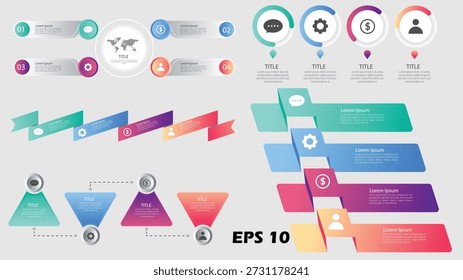 This professional vector infographic set features a versatile collection of business data visualization components for high-impact presentations. The bundle includes five distinct layouts: a 4-step radial chart centered on a world map; four circular progress gauges with integrated icons (communication, settings, finance, and human resources); a 4-step diagonal ribbon list; a minimalist triangular process flow; and a vertical 4-step 3D folded ribbon banner set. The cohesive color palette transitions through vibrant teal, royal blue, deep purple, and sunset magenta. Each element features dedicated 