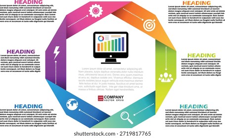 Diese professionelle Vektorgrafik-Vorlage verfügt über ein dynamisches hexagonales Farbbanddesign, das ein zentrales Computermonitor-Symbol mit Datendiagrammen umgibt. Der Prozess ist in sechs verschiedene farblich gekennzeichnete Abschnitte unterteilt, die jeweils einen strategischen Geschäftsschritt darstellen: Violett, Orange, Kalk, Grün, Teal und Blau. Jede Etappe wird von einer modernen weißen Ikone begleitet, einschließlich einer Ausrüstung für Operationen, einem Ziel für Ziele, einem Gruppen-Icon für Teamarbeit, einer Lupe für die Forschung, einem Globus für internationale Reichweite und einem Blitz für Innovation. Das Layout bietet umfangreiche Textplatzhalter für detaillierte Überschriften und Beschreibungen und ist somit eine ideale Wahl für Unternehmensberichte, Datenanalysepräsentationen und Visualisierungen von Marketingstrategien. Diese saubere und moderne Grafik im hochwertigen EPS 10-Format ist vollständig skalierbar und anpassbar für digitale und Printmedien.
