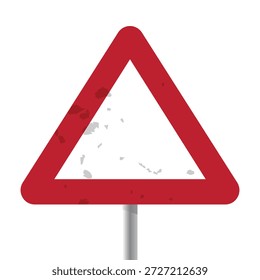Esta Plantilla de señalización de tráfico de Vector profesional cuenta con un marco triangular rojo de alta visibilidad con una textura realista desgastada y afligida. Montado en un poste de plata, este activo en blanco utiliza la forma geométrica universal para la señalización de precaución al tiempo que proporciona una estética industrial resistente. Es ideal para advertencias de peligros creativos, presentaciones de temática urbana, Imágenes de héroes de Sitio web y materiales educativos que requieren una base de señalización de tráfico vintage.