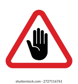 Este ícono de seguridad de Vector profesional presenta una silueta de mano abierta negra sólida centrada dentro de un marco triangular rojo audaz. Utilizando la forma universal para advertencias de precaución, este gráfico de alta visibilidad sirve como una señal inmediata para peligros potenciales o paradas obligatorias. Este activo es ideal para documentación de seguridad industrial, señalización de peligros en carretera, protocolos de gestión de instalaciones y sistemas de alerta digital que requieren una comunicación prohibitiva clara e intuitiva.