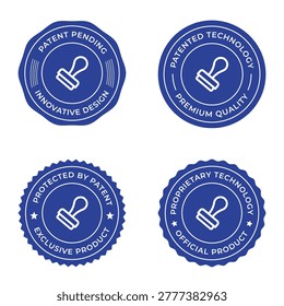 This professional vector set features four blue circular certification seals designed to communicate legal protection and product authenticity. Each badge contains a minimalist line-art rubber stamp icon and specific legal phrasing, including 