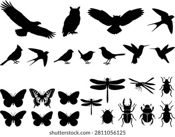 This professional vector set features black silhouettes of various birds and insects in flight and perching positions. It is perfect for nature-themed branding, educational materials, vinyl crafts, and minimalist illustrations.
