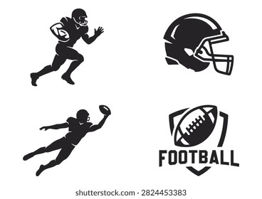 This professional vector set features black American football silhouettes and icons, including a running player carrying the ball, a detailed protective helmet, a receiver diving to make a catch, and a stylish shield emblem with bold typography. Isolated on a crisp white background, these versatile designs are ideal for sports graphics, team branding, and athletic promotional projects.

#AmericanFootball #FootballSilhouettes #SportsGraphics #FootballHelmet #FootballPlayer #AthleticDesign #TeamSports #FootballVector #SportIcons #GameDay