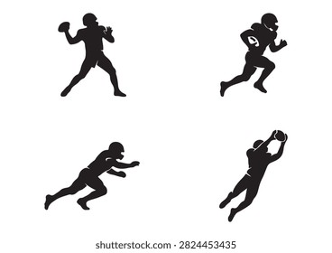 This professional vector set features black American football player silhouettes in dynamic action poses, including a quarterback passing, a running back rushing, a lineman blocking, and a receiver catching the ball. Isolated on a crisp white background, these versatile designs are perfect for sports graphics, team branding, and athletic promotional projects.

#FootballSilhouettes #AmericanFootball #SportsGraphics #FootballPlayer #Quarterback #RunningBack #AthleticDesign #TeamSports #FootballVector #GameDay