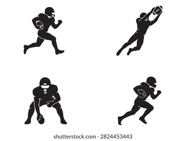 This professional vector set features black American football player silhouettes in dynamic action poses, including running with the ball, making a leaping catch, and crouching in a tactical stance. Isolated on a crisp white background, these versatile designs are perfect for sports graphics, team branding, and athletic promotional projects.

#FootballSilhouettes #AmericanFootball #SportsGraphics #FootballPlayer #RunningBack #CatchingPass #AthleticDesign #TeamSports #FootballVector #GameDay