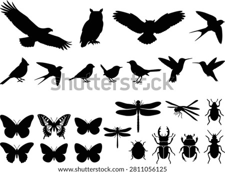 This professional vector set features black silhouettes of various birds and insects in flight and perching positions. It is perfect for nature-themed branding, educational materials, vinyl crafts, and minimalist illustrations.
