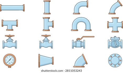 This professional vector set includes a variety of flat industrial piping components and valves in a light blue color scheme. Perfect for engineering diagrams, website user interfaces, and technical documentation.
