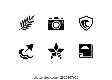 This professional vector set showcases a minimalist collection of six black icons representing summer themes like beach travel and vacation symbols. Each crisp silhouette captures the spirit of seaside.