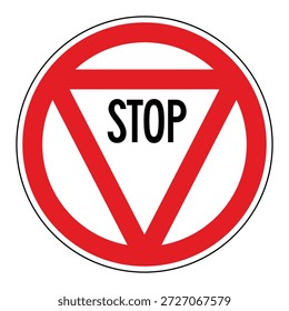 Este sinal vetor profissional combina várias formas geométricas de aviso para comunicar uma instrução de parada obrigatória para segurança e gestão de tráfego. O gráfico apresenta um círculo externo vermelho em negrito contendo um triângulo vermelho invertido, com a palavra "STOP" centrada em tipografia condensada em preto limpo. Este recurso de alta visibilidade é ideal para controle de tráfego de depósito, protocolos de segurança de local industrial, aplicativos de gerenciamento de instalações e sinalização regulatória de estradas privadas.