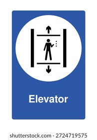Este letrero de Vector profesional identifica la ubicación de un ascensor o ascensor, diseñado para una orientación clara y accesibilidad en edificios de varios niveles. El gráfico presenta un diseño de alto contraste con una silueta negra de una persona dentro de un coche elevador estilizado con flechas hacia arriba y hacia abajo, encerrado en un círculo blanco y colocado sobre un fondo rectangular azul vibrante. La palabra "ascensor" se muestra en una tipografía sans-serif clara y blanca en la parte inferior. Este activo es ideal para mapas de terminales de aeropuertos, tableros de directorios de hoteles, señalización de centros comerciales y aplicaciones de gestión de instalaciones.