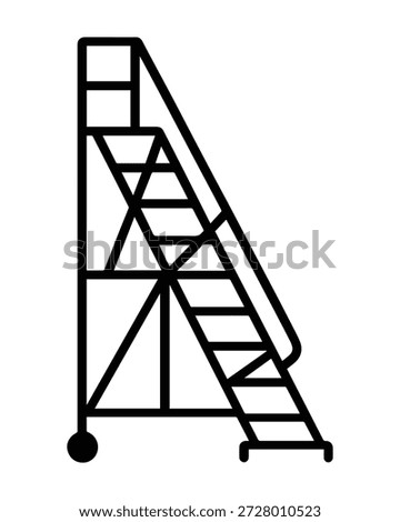 This professional vector silhouette represents a mobile safety ladder or rolling work platform used in industrial and retail environments. The graphic features a clean black line-art design of a ladder with integrated handrails and a base wheel for easy transport. This minimalist asset is ideal for warehouse safety manuals, facility management diagrams, equipment inventory labels, and workplace organization signage.