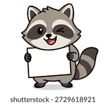 This professional-grade digital vector illustration features a charismatic and adorable cartoon raccoon, playfully winking at the observer while securely holding a large, blank white rectangular sign board in its paws. The character, widely recognized in popular internet culture as a trash panda, is rendered in a trendy modern sticker aesthetic with thick, bold black outlines and a soft monochromatic palette of greys and whites. The raccoon stands upright in a full-body pose, radiating a mischievous yet friendly energy. Its left eye is shut in a cheerful wink, while the right eye is large, dark, and sparkling, establishing an immediate and engaging connection with the viewer. A wide, joyful smile featuring a single visible tooth and a soft pink tongue further emphasizes the mascot’s playful personality. The rectangular placard held in front is completely empty, serving as a perfect customizable space or template for designers to insert their own unique text, corporate logos, seasonal sales alerts, or any specific call-to-action messages. The character boasts classic species traits, including the iconic dark fur mask around the eyes, pointed ears with light inner detailing, and a bushy, striped tail curving out from behind. Every element, from the tiny black paws to the subtle shading on the fur, is crafted with meticulous attention to clean lines and professional visual appeal. This versatile graphic asset is exceptionally well-suited for a variety of creative applications, including brand identity development, social media profile icons, website hero images, promotional marketing banners, and physical merchandise like stationery, vinyl decals, or apparel prints. Isolated on a pristine white background for seamless design integration, this raccoon character embodies resourcefulness, humor, and approachability, making it an ideal choice for businesses looking to add a touch of personality and wit to their communication strategy. The blank sign makes it a highly functional template for announcements, greetings, or 