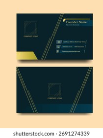Diese professionell gestaltete Visitenkartenvorlage verfügt über einen glatten dunkelgrünen Hintergrund mit luxuriösen geometrischen Akzenten in Gold und Gelb.