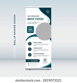 This professionally designed restaurant roll-up banner template showcases a modern and elegant layout, ideal for promoting food businesses, cafes, and catering services. The banner prominently features a bold 